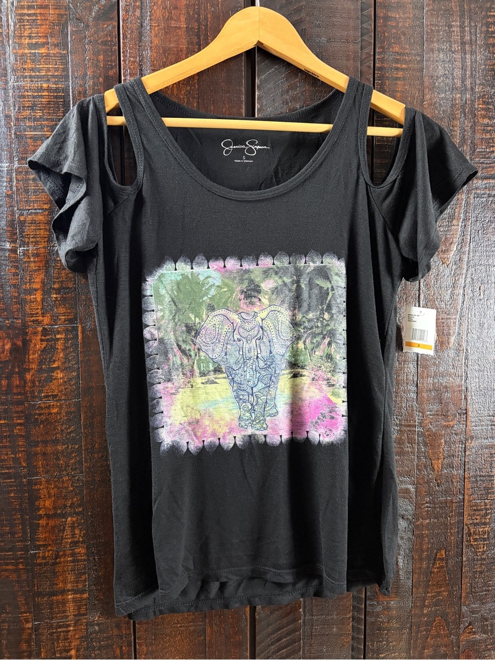 Jessica Simpson Black Cold-Shoulder Elephant Graphic Tee NWT Small